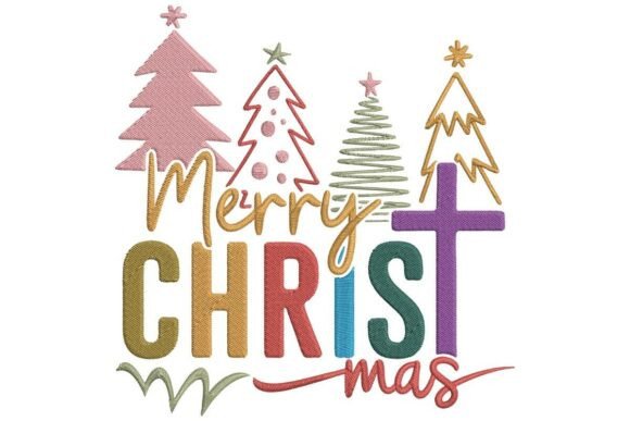 Download Merry Christmas with Trees and Cross Embroidery Design - Design Collection