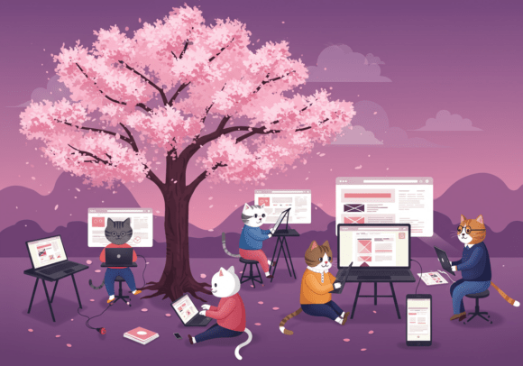 Download Cats Designing Websites Under Sakura Tre - Design Collection